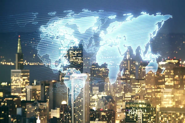 Mapa do mundo digital criativo abstrato no fundo da paisagem urbana de São Francisco, conceito de globalização. Multiexposição — Fotografia de Stock