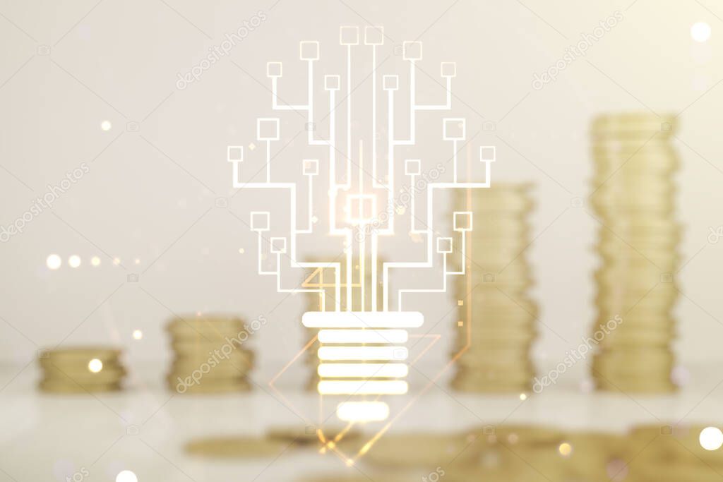 Virtual creative light bulb with chip hologram on growing coins stacks background, artificial Intelligence and neural networks concept. Multiexposure