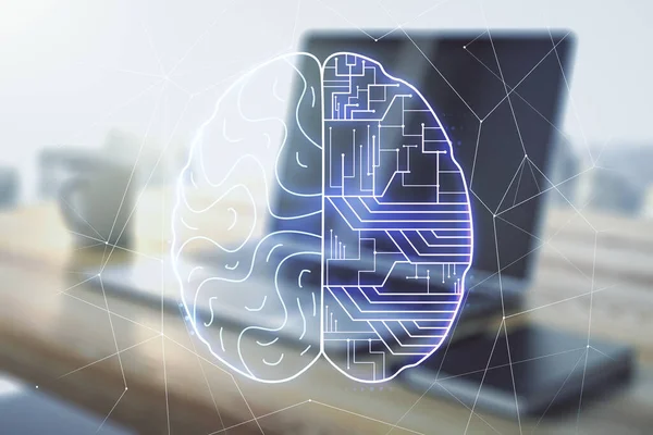 Kreatywna koncepcja sztucznej inteligencji z ludzkim hologramem mózgu i nowoczesnym pulpitem z komputerem w tle. Wieloskładnikowa — Zdjęcie stockowe