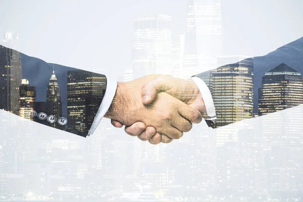 Double exposure of handshake two businessmen on modern skyscrapers background, research and strategy concept — Stock Photo, Image