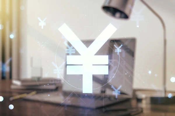 Conceito criativo da ilustração do símbolo Yen japonês no fundo do laptop moderno. Conceito de negociação e moeda. Multiexposição — Fotografia de Stock