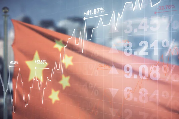 Double exposure of abstract creative financial chart hologram on flag of China and blurry skyscrapers background, research and strategy concept — Stock Photo, Image