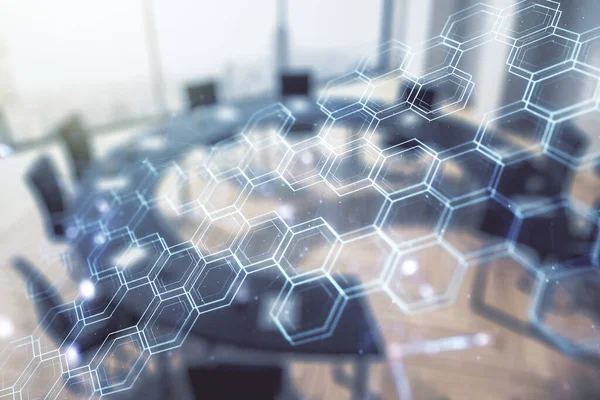 Abstrakt virtuell trådlös teknik hologram med hexagon på en modern coworking room bakgrund, artificiell intelligens och maskininlärning koncept. Multiexponering — Stockfoto