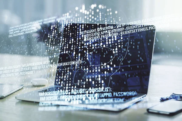 Creatieve code schedel hologram op moderne computer achtergrond, cybercrime en hacken concept. Meervoudige blootstelling — Stockfoto