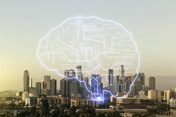 Virtual creative artificial Intelligence hologram with human brain sketch on Los Angeles skyline background. Multiexposure