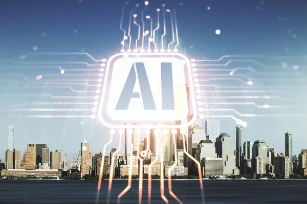 Abstract virtual artificial Intelligence symbol hologram on New York city skyline background. Multiexposure
