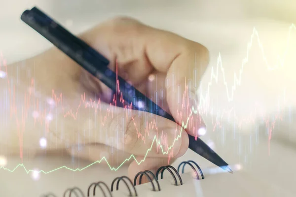 Abstracte creatieve financiële grafiek met handschrift in notitieboekje over achtergrond, forex en investeringsconcept. Meervoudige blootstelling — Stockfoto