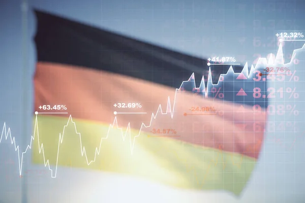 Διπλή έκθεση του αφηρημένου δημιουργικού οικονομικού χάρτη ολόγραμμα στη γερμανική σημαία και μπλε φόντο ουρανό, την έρευνα και τη στρατηγική έννοια — Φωτογραφία Αρχείου