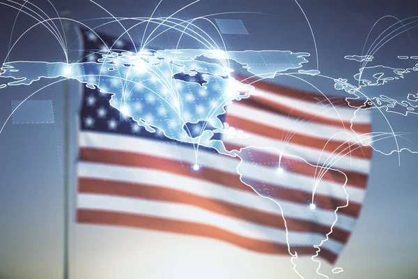 Абстрактна мапа віртуального світу з з'єднаннями на прапорі США і фоні заходу сонця, міжнародна торгова концепція. Мультидія — стокове фото