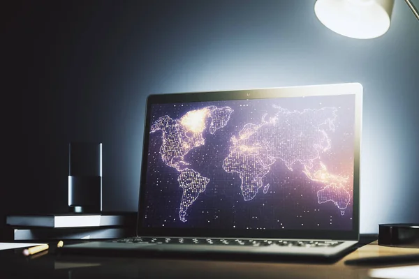 Abstract graphic world map on modern laptop screen, connection and communication concept. 3D Rendering — Stock Photo, Image