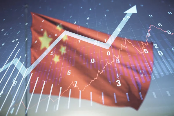 Multi exposure of virtual abstract financial chart and upward arrow interface on Chinese flag and blue sky background, rise and breakthrough concept — Stock Photo, Image