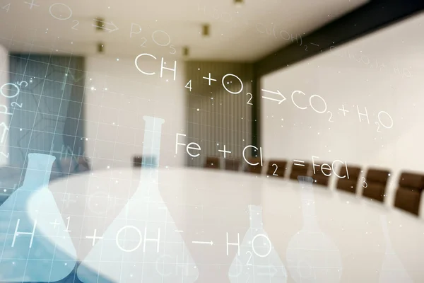 Abstract virtual chemistry illustration on a modern coworking room background, science and research concept. Multiexposure