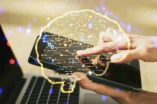 Double exposure of creative human brain microcircuit and hand working with a digital tablet on background. Future technology and AI concept — Stock Photo, Image