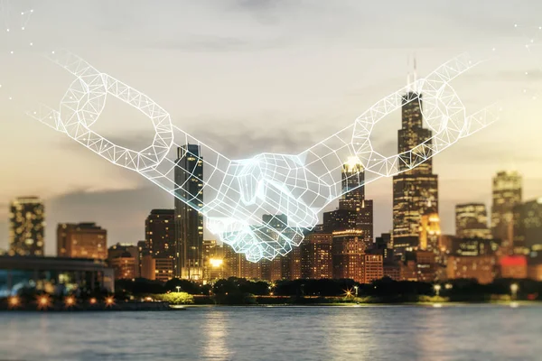 Abstract virtual blockchain technology hologram with handshake on Chicago skyline background. Digital money transfers and decentralization concept. Multiexposure