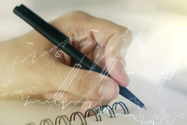 Abstracte creatieve financiële grafiek met handschrift in notitieboekje over achtergrond, forex en investeringsconcept. Meervoudige blootstelling — Stockfoto