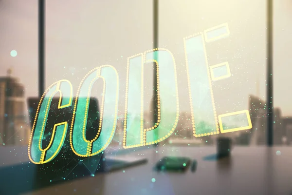 Creative Code word hologram and modern desktop with laptop on background, artificial intelligence and neural networks concept. Multiexposure — Stock Photo, Image