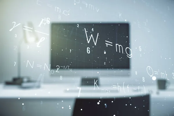 Creative scientific formula concept on modern laptop background. Multiexposure — Stock Photo, Image