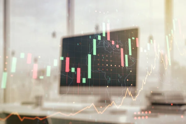Astratto grafico finanziario creativo con mappa del mondo su sfondo moderno del computer, concetto finanziario e di trading. Multiesposizione — Foto Stock