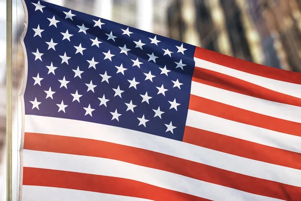 Bandera de Estados Unidos sobre fondo borroso de rascacielos, de cerca —  Fotos de Stock