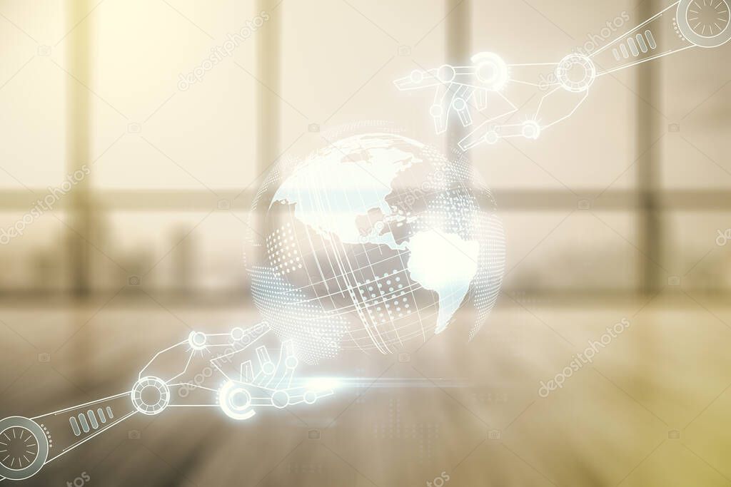 Double exposure of abstract virtual robotics technology with world map hologram on empty modern office background. Research and development software concept