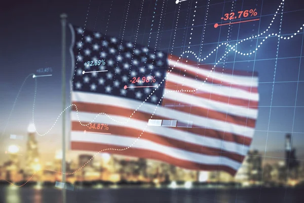 Multi esposizione dell'interfaccia astratta dell'ologramma di dati di statistiche sulla bandiera e sullo sfondo della città degli Stati Uniti, sul concetto di analisi e di calcolo — Foto Stock