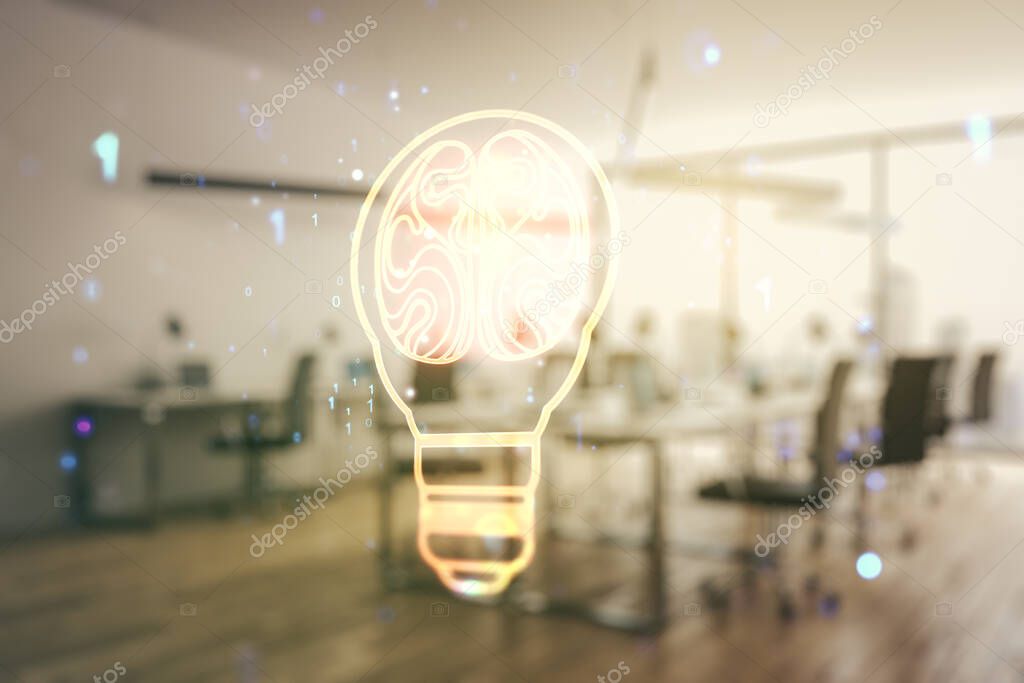 Abstract virtual idea concept with light bulb and human brain illustration on a modern furnished office background. Neural networks and machine learning concept. Multiexposure