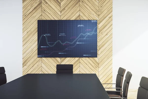 Abstract creative statistics data hologram on presentation monitor in a modern boardroom, analytics and forecasting concept. 3D Rendering — Stock Photo, Image