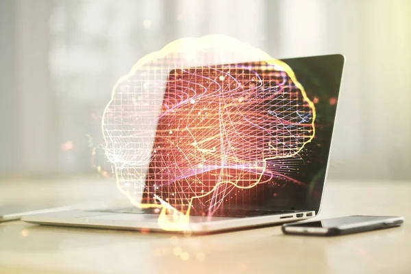 Creative artificial Intelligence concept with human brain hologram on modern laptop background. Multiexposure — Stock Photo, Image