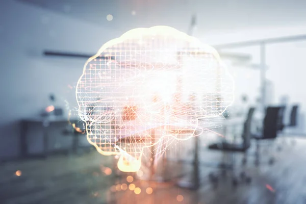 Virtuell kreativ artificiell intelligens hologram med mänsklig hjärna skiss på en modern möblerad klassrum bakgrund. Dubbel exponering — Stockfoto