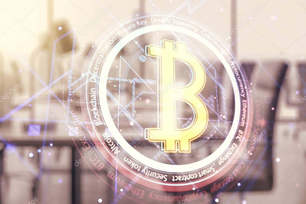 Double exposure of creative Bitcoin symbol hologram on modern corporate office background. Cryptocurrency concept
