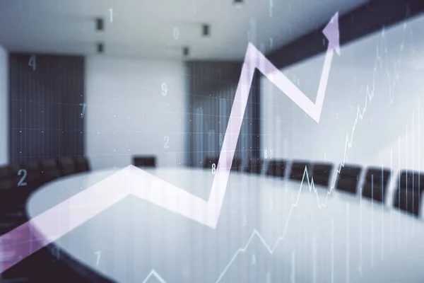 Double exposure of abstract creative financial chart and upward arrow illustration on a modern meeting room background, research and strategy concept — Stock Photo, Image