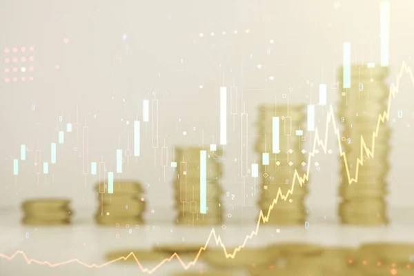 硬貨の背景、金融と取引の概念上の抽象的な仮想金融グラフのホログラム。多重露光 — ストック写真