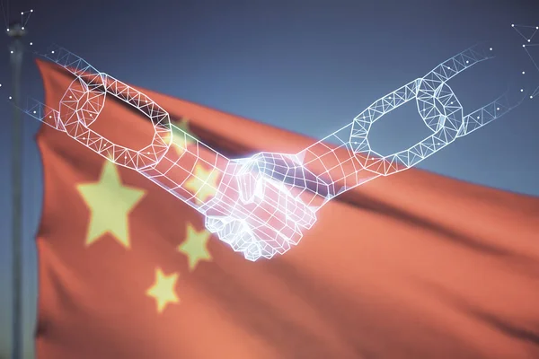 Подвійний вплив абстрактної віртуальної блокчейну голограми з рукостисканням на китайському прапорі і синьому тлі неба. Дослідження та розробка концепції децентралізації програмного забезпечення — стокове фото