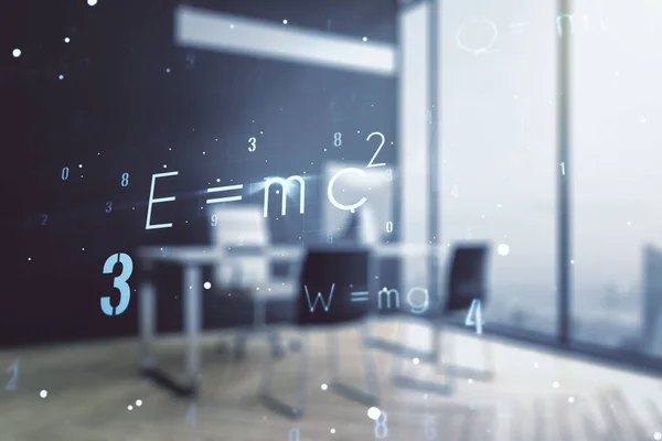Ilustración de fórmula científica creativa y escritorio moderno con PC en el fondo, ciencia y concepto de investigación. Multiexposición — Foto de Stock
