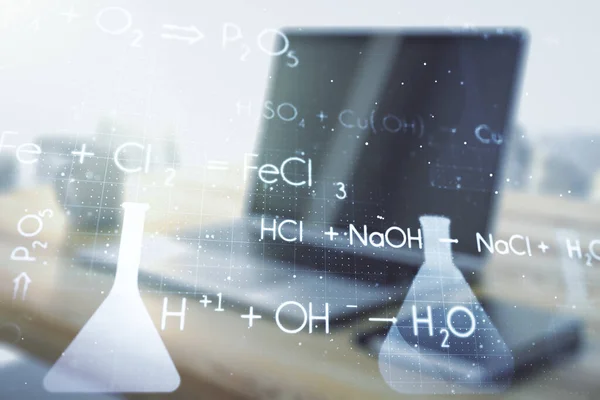 Double exposure of creative chemistry concept and modern desktop with laptop on background, research and development concept