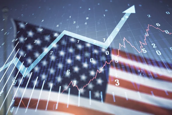 Abstract creative financial diagram and upward arrow hologram on US flag and blue sky background, growth and development concept — Stock Photo, Image