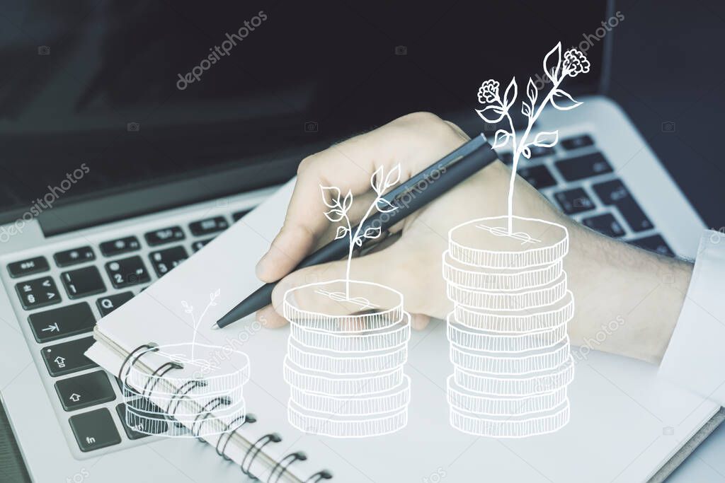 Creative abstract money savings sketch and hand writing in notepad on background with laptop, accumulation and growth of money concept. Double exposure