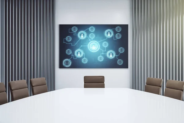 Social network icons concept on presentation monitor in a modern boardroom. Networking concept. 3D Rendering — Stock Photo, Image