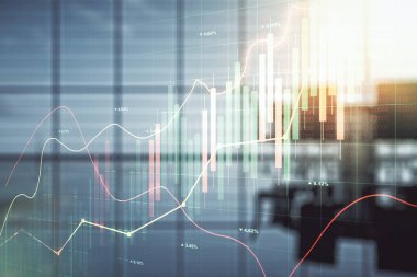 Mobilyalı sınıf arkaplanı, finansal ve ticaret konsepti üzerine soyut bir sanal grafik hologramı. Çoklu pozlama