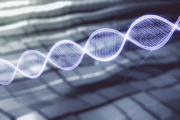 Virtuele DNA symbool illustratie op wazige abstracte metalen achtergrond. Genoom onderzoek concept. Meervoudige blootstelling — Stockfoto