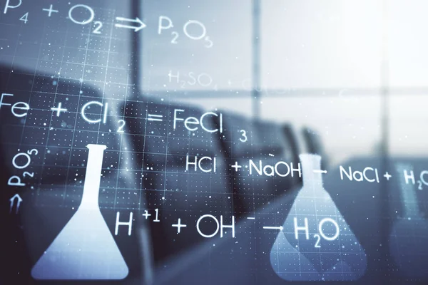 Doble exposición del holograma abstracto de química virtual en una sala de reuniones moderna, concepto de investigación y desarrollo —  Fotos de Stock