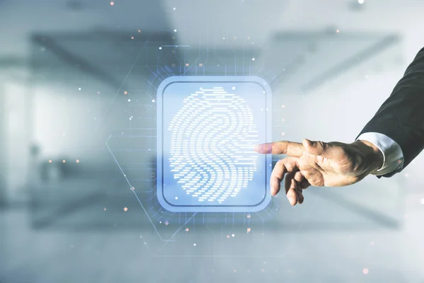 Multi exposure of developers hand clicks on virtual graphic fingerprint sketch on blurred office background, fingerprint scan data concept — Stock Photo, Image