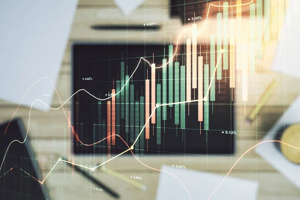 Multi exponering av abstrakta finansiella diagram och modern digital tablett på skrivbordet på bakgrund, ovanifrån, finansiella och handel koncept — Stockfoto