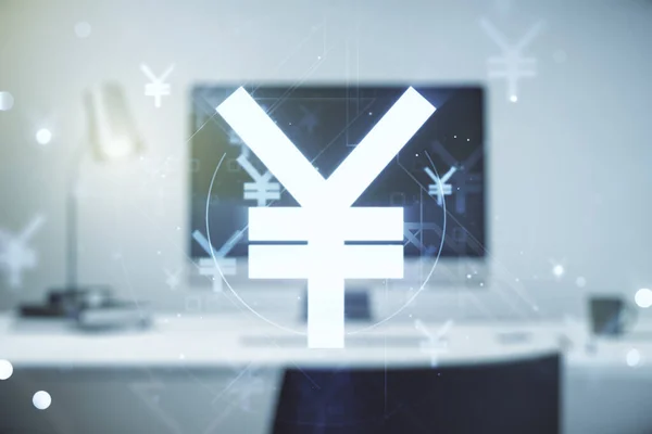 Διπλή έκθεση του δημιουργικού ιαπωνικού Yen σύμβολο ολόγραμμα σε φόντο laptop. Τραπεζική και επενδυτική έννοια — Φωτογραφία Αρχείου