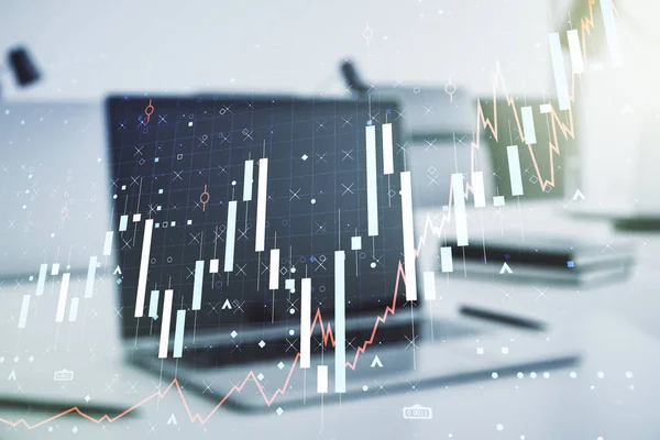 Double exposure of abstract creative financial chart on modern laptop background, research and strategy concept — Stock Photo, Image