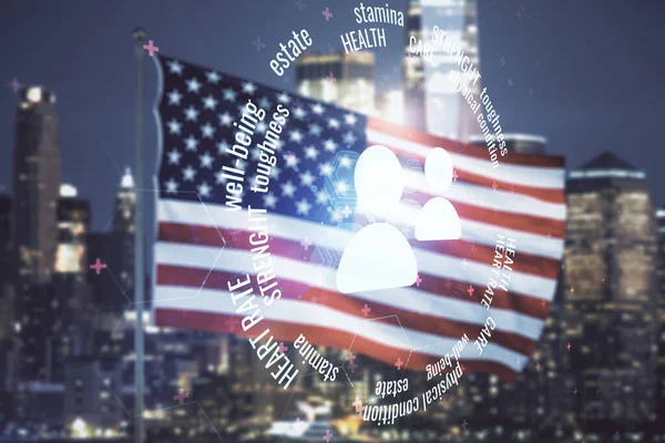 Dvojitá expozice abstraktních virtuálních lidí ikony hologram na vlajce USA a rozmazané mrakodrapy pozadí. Pojetí online pojišťovacích služeb — Stock fotografie