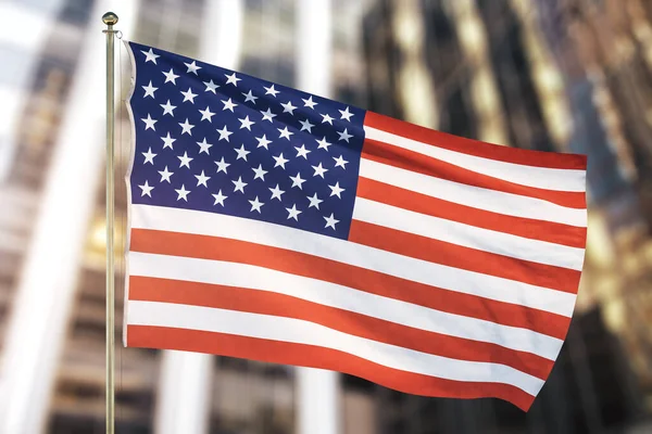 EUA bandeira no fundo do edifício escritório embaçado, close-up — Fotografia de Stock