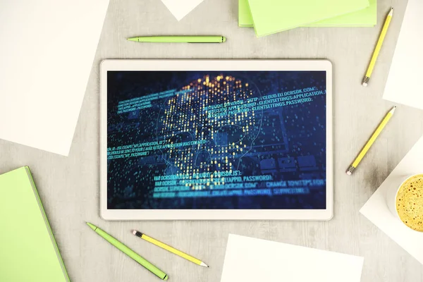 現代のデジタルタブレットディスプレイ、サイバー犯罪やハッキングの概念上の創造的なコード頭蓋骨のホログラム。最上階だ。3Dレンダリング — ストック写真