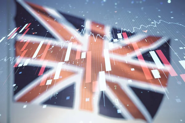 Abstract virtual crisis chart illustration on flag of Great Britain and sunset sky background (em inglês). Crise global e conceito de falência. Multiexposição — Fotografia de Stock