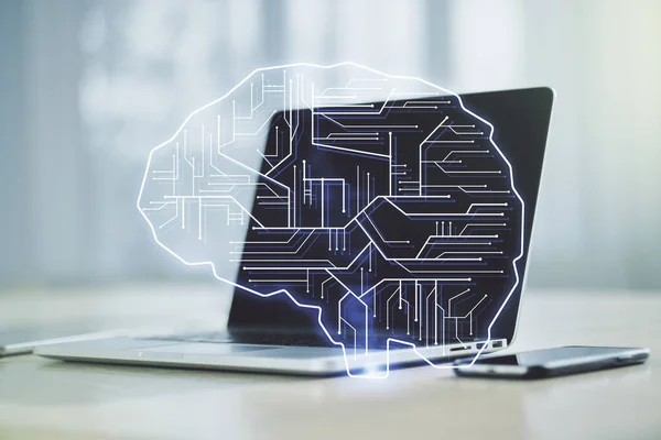 Kreatywna koncepcja sztucznej inteligencji z ludzkim szkicem mózgu na współczesnym tle komputera. Podwójna ekspozycja — Zdjęcie stockowe